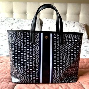 Tory Burch blue white black Gemini link coated canvas tote